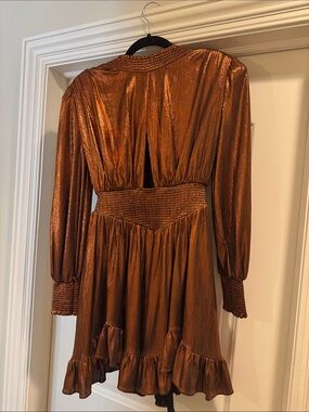 Copper Metallic Long-Sleeve Fit-and-Flare Dress
